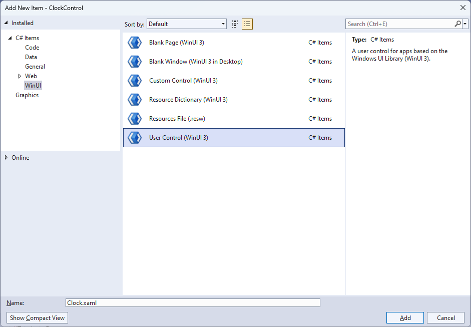 Add New User Control (WinUI 3)