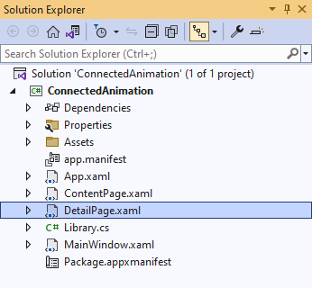 Solution Explorer DetailPage.xaml