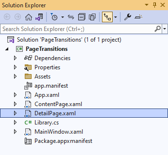 Solution Explorer DetailPage.xaml